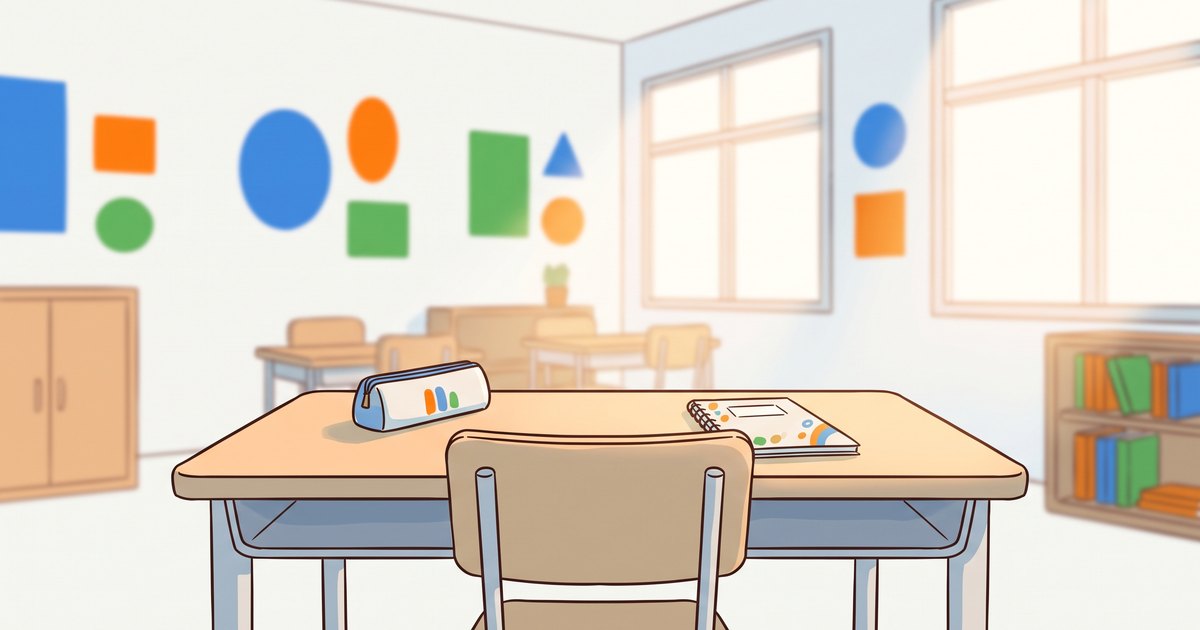 Salle de classe lumineuse vue du fond, pupitre vide avec trousse et cahier au premier plan