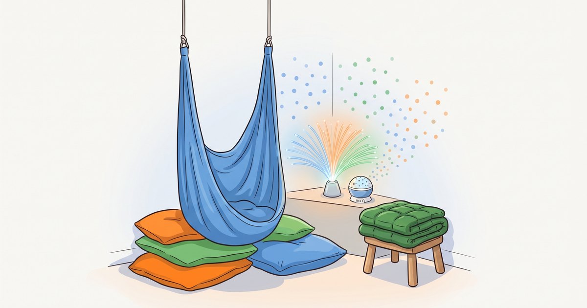 Coin snoezelen domestique au crépuscule : lampe fibre optique, coussins au sol, projecteur d'étoiles et couverture lestée pliée sur un tabouret