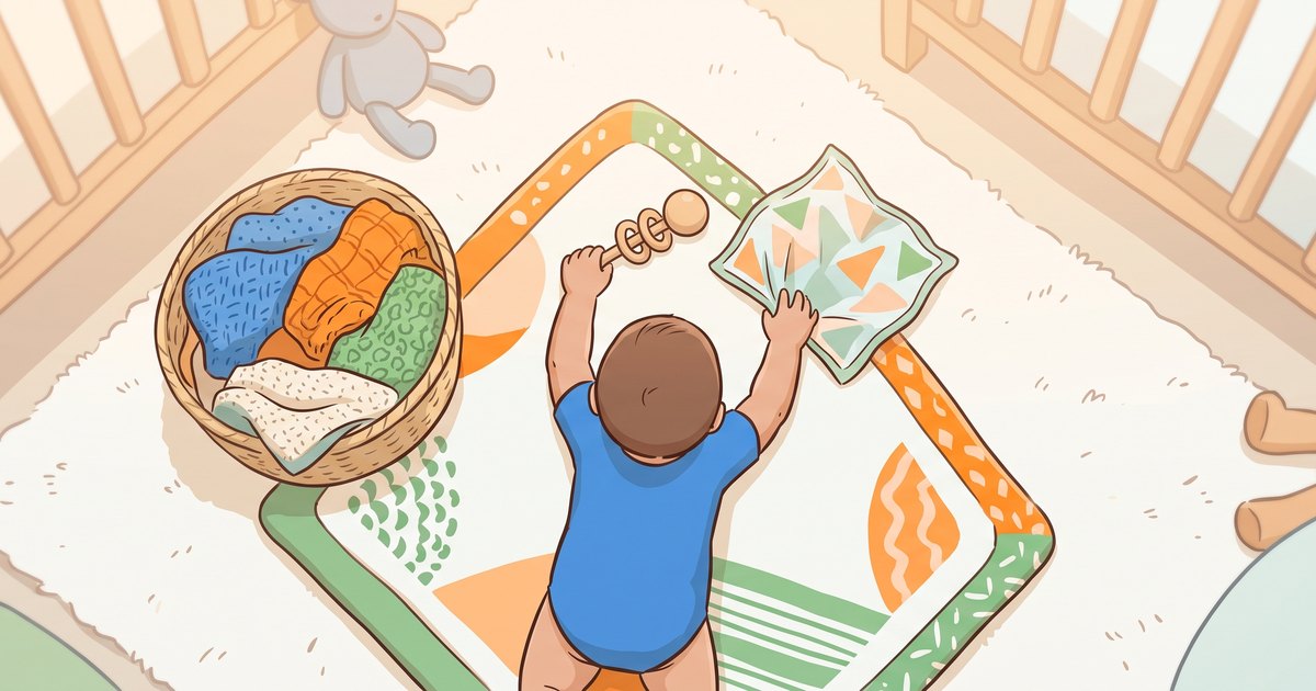 Bebe sur un tapis d eveil explorant un hochet en bois et un carre de tissu bruitant dans une chambre calme