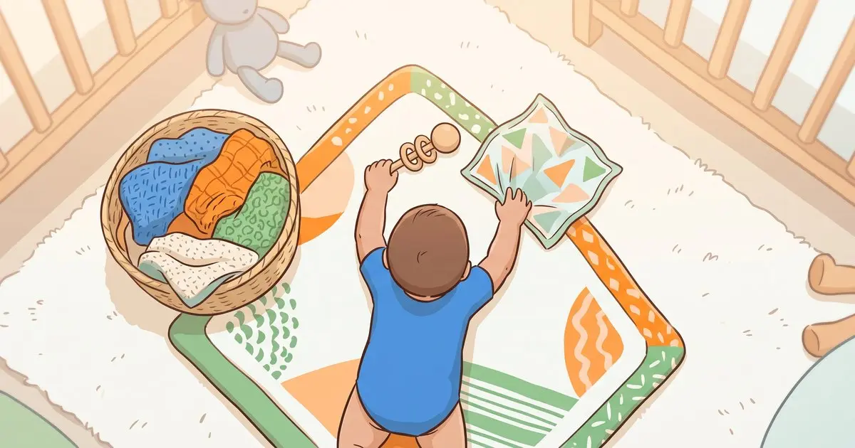 Bebe sur un tapis d eveil explorant un hochet en bois et un carre de tissu bruitant dans une chambre calme