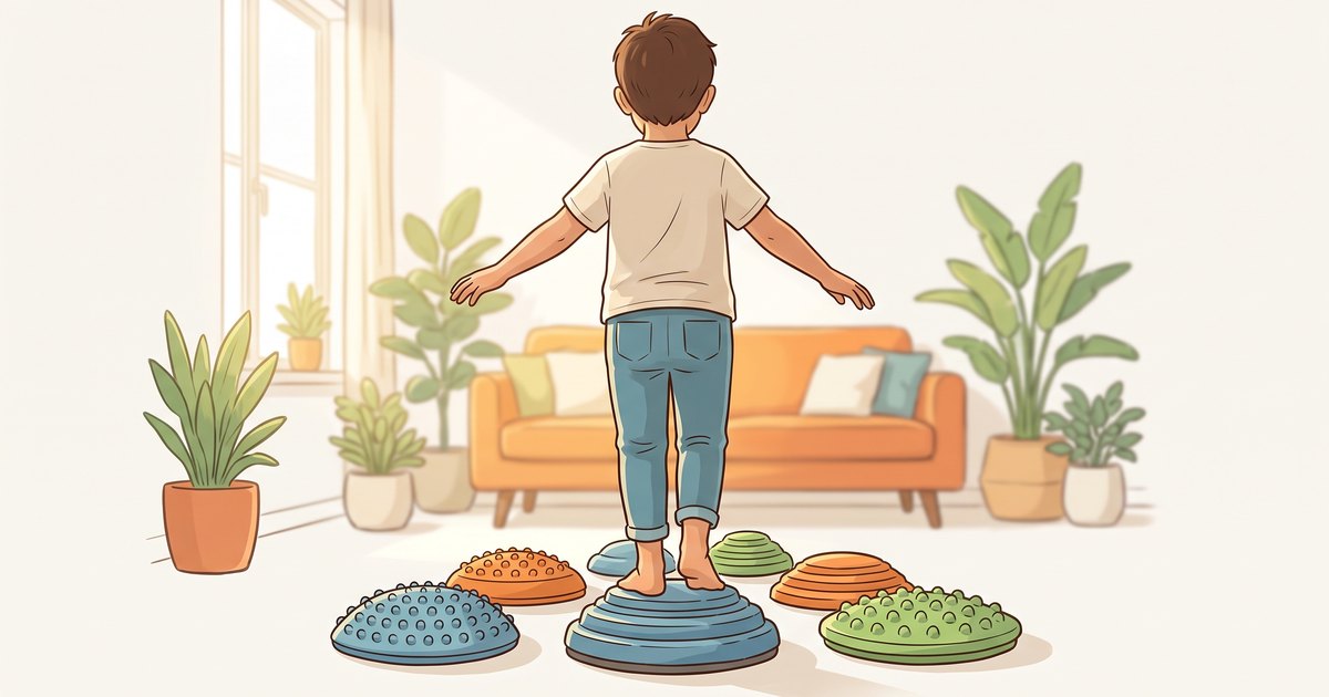 Enfant vu de dos en équilibre sur des pierres sensorielles dans un salon lumineux, illustration du guide intégration sensorielle et des 7 sens