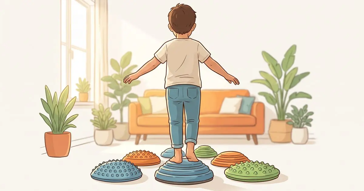 Enfant vu de dos en équilibre sur des pierres sensorielles dans un salon lumineux, illustration du guide intégration sensorielle et des 7 sens