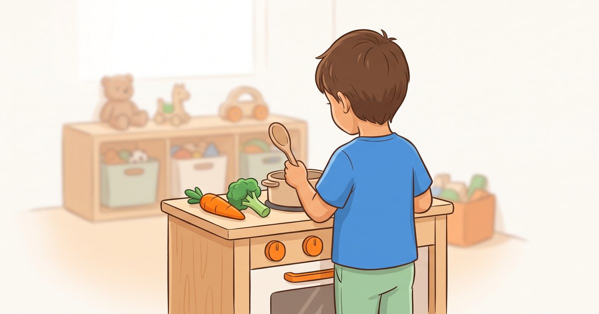 Enfant vu de dos faisant la cuisine dans une petite cuisine en bois en jouant au jeu d imitation