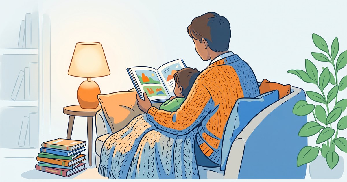 Coin lecture du soir : un parent en cardigan lisant un album à un enfant blotti, pile de livres colorés à côté, illustration du guide de livres par âge