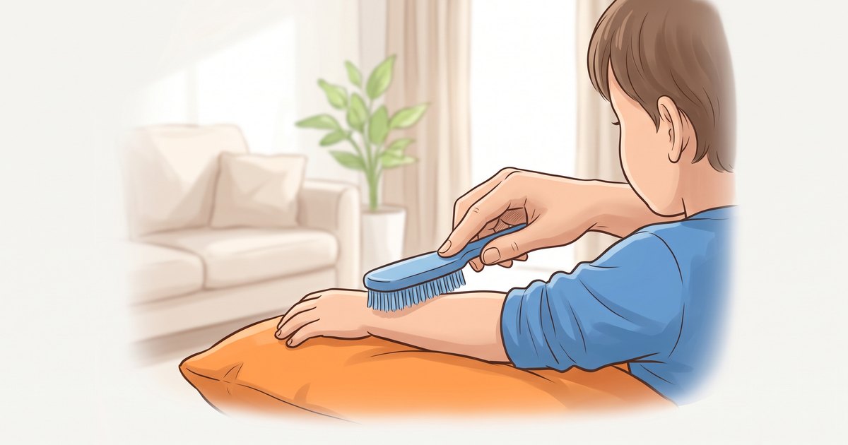 Main d adulte brossant doucement l avant-bras d un enfant avec une brosse sensorielle dans un salon calme