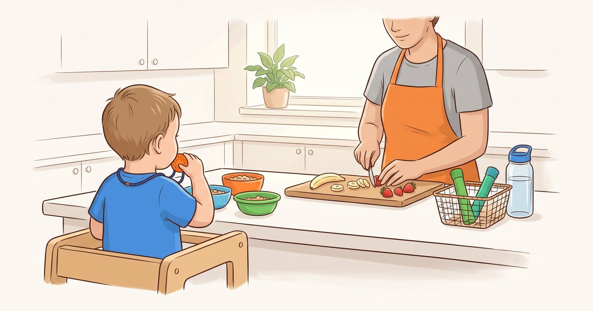 Enfant sur un tabouret dans une cuisine familiale, collier à mâcher au cou, parent qui prépare des fruits