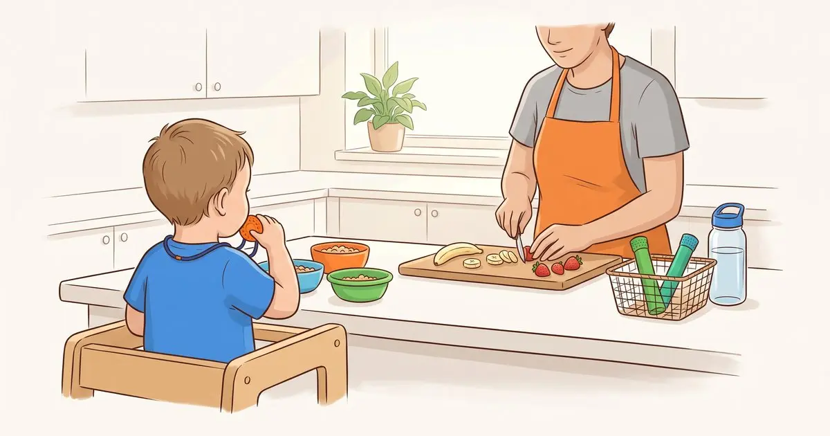 Enfant sur un tabouret dans une cuisine familiale, collier à mâcher au cou, parent qui prépare des fruits