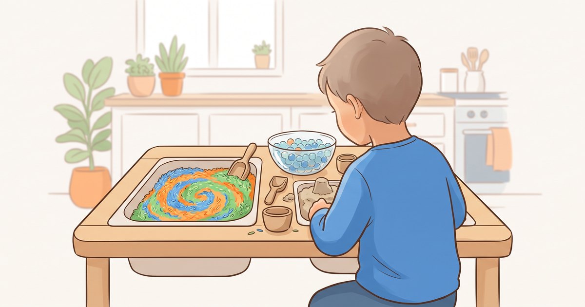 Enfant joueant avec des materiaux sensoriels : riz colore, perles d eau et sable cinetique sur une table basse