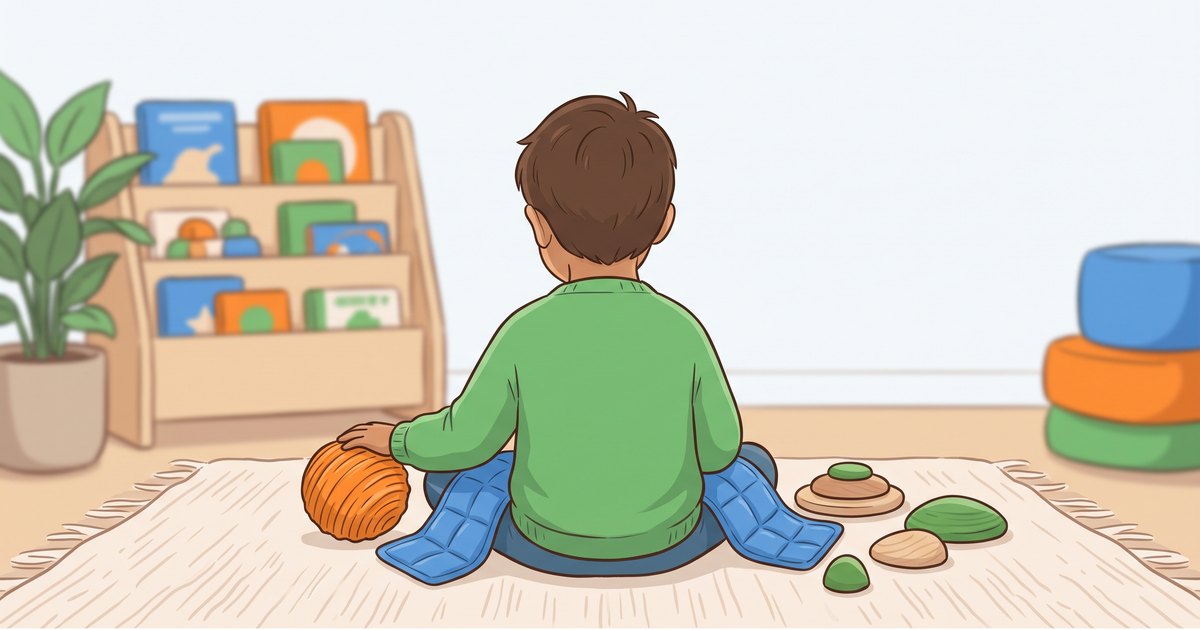Enfant vu de dos assis en tailleur sur un tapis explorant des outils sensoriels : balle texturée, coussin lesté et pierres d'équilibre en bois