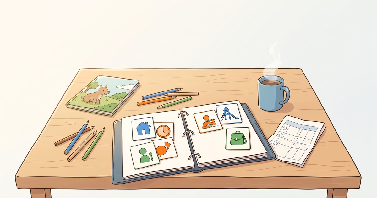 Vue en plongée d'une table de cuisine avec un planner ouvert, des pictogrammes, des crayons et un livre pour enfants, illustration du hub de ressources pour parents