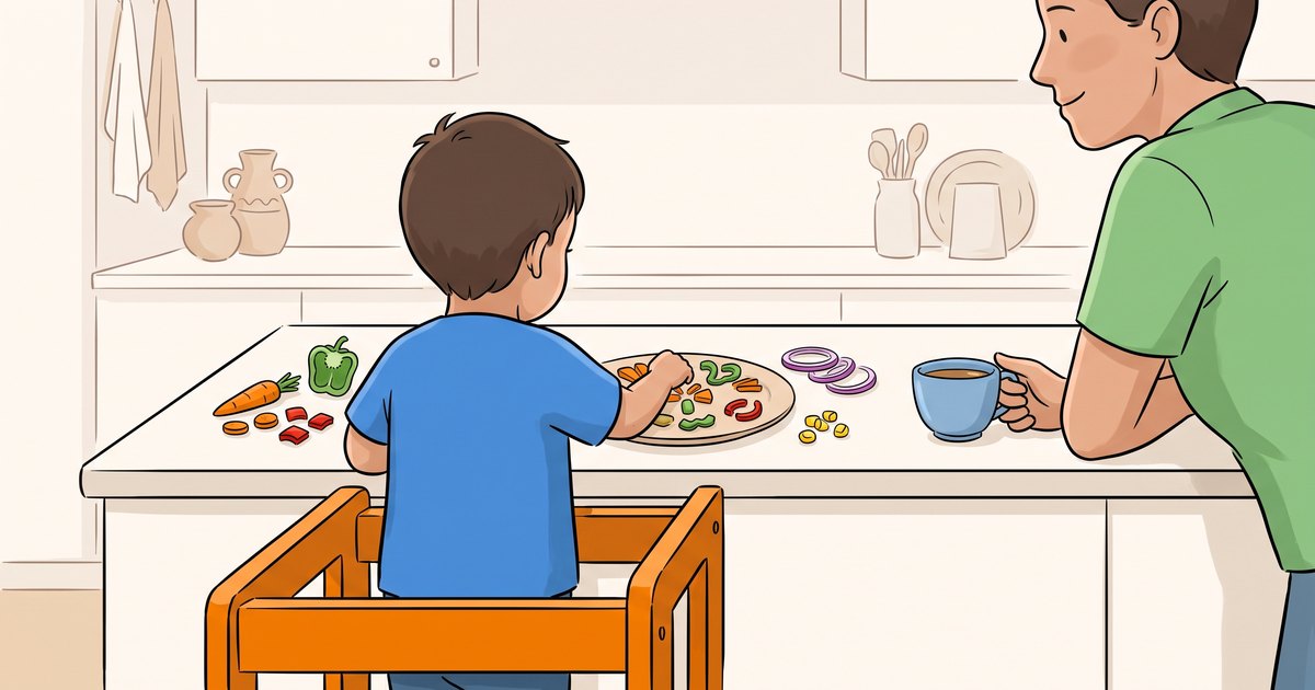 Enfant sur une tour d'apprentissage qui dispose des légumes colorés sur une assiette, parent détendu