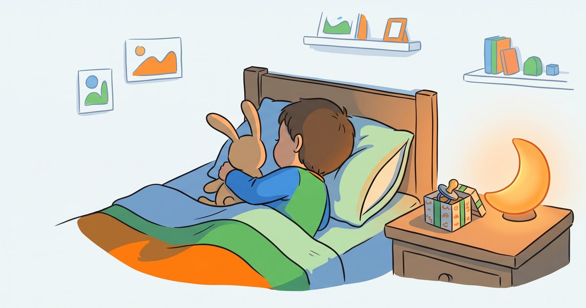 Enfant endormi avec son doudou, tétine rangée dans une boîte cadeau près d'une veilleuse lune