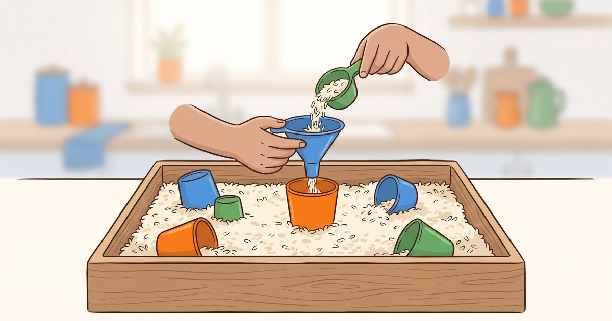 Mains d'enfant versant du riz sec dans un entonnoir sur une table sensorielle en bois, gobelets dispersés dans le bac