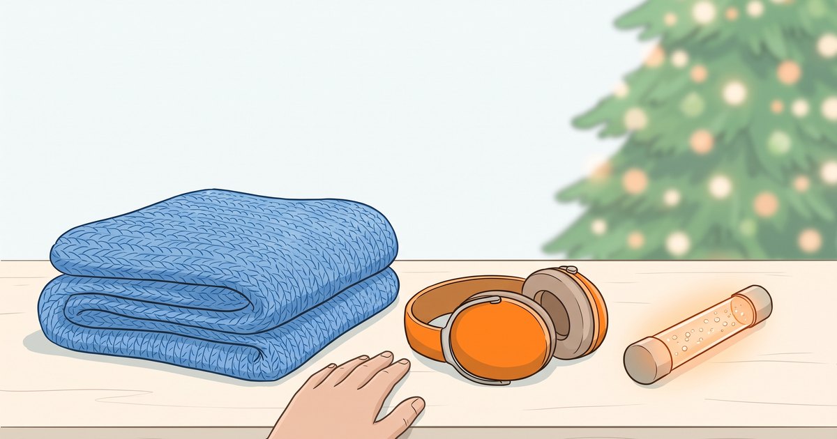 Couverture lestée, casque anti-bruit et tube à bulles posés sur une table, main d'enfant qui s'avance vers la couverture