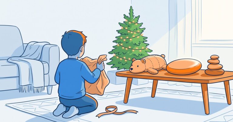 Enfant de dos déballant un cadeau près d'un sapin, peluche lestée et coussin d'équilibre posés sur une table basse