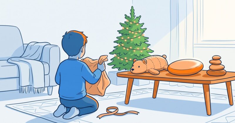 Enfant de dos déballant un cadeau près d'un sapin, peluche lestée et coussin d'équilibre posés sur une table basse