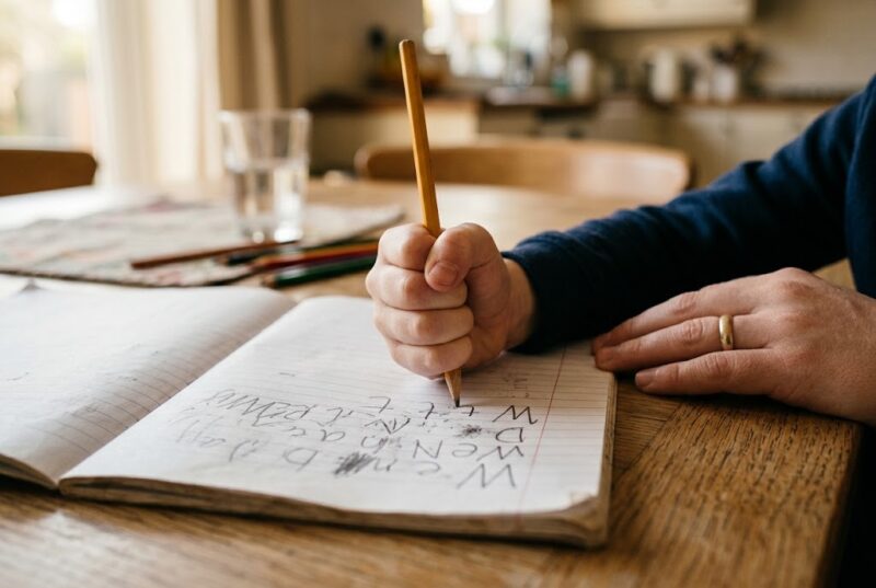 Main d'un enfant crispée sur un crayon au-dessus d'un cahier à l'écriture irrégulière, main d'un adulte posée à plat à côté sans intervenir