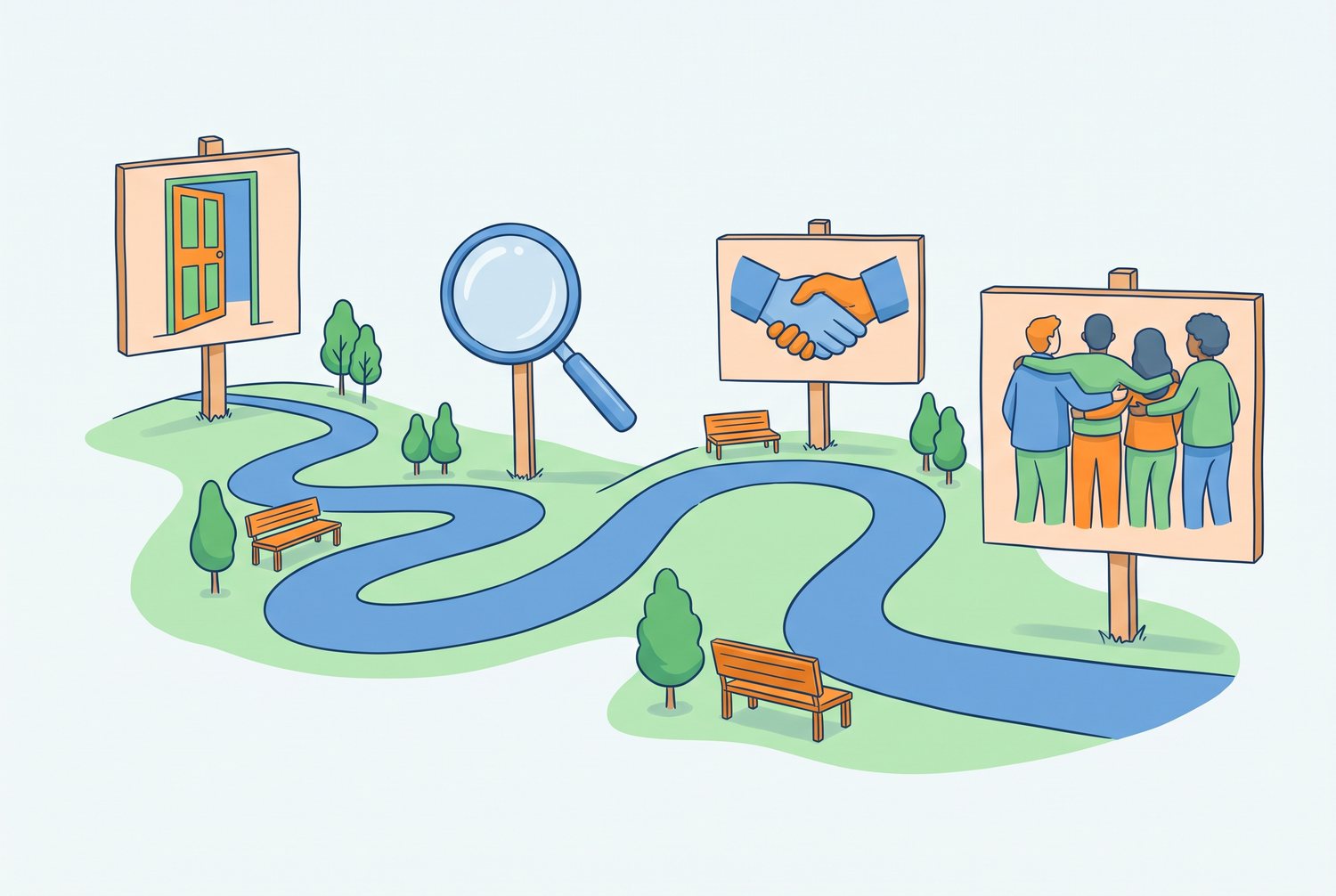 Chemin illustré avec quatre jalons du parcours de diagnostic : première porte, loupe, poignée de main et groupe de soutien