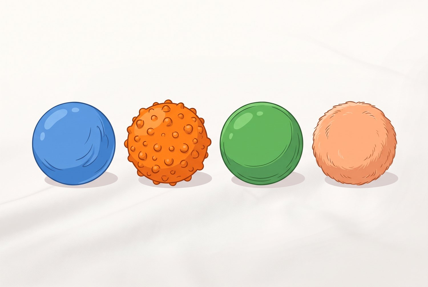 Quatre balles sensorielles alignées : lisse squishy, texturée à picots, lestée et silencieuse, chacune distincte par sa texture et sa couleur