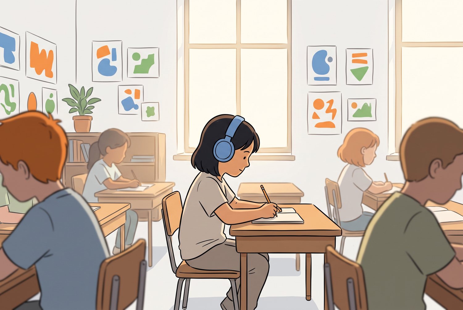 Élève vu de profil portant un casque anti-bruit à son pupitre en classe, camarades estompés en arrière-plan, illustration du port du casque à l'école