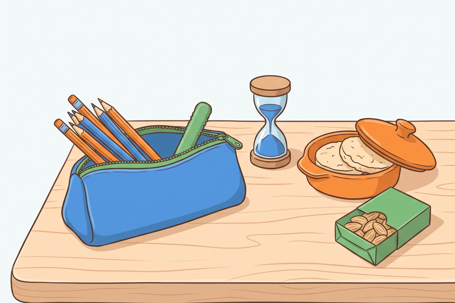 Trousse avec bâton à mâcher, sablier, galettes de riz et amandes : le kit concentration