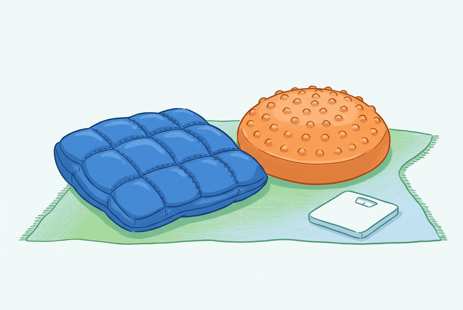 Comparaison illustrée d'un coussin lesté bleu à carrés cousus et d'un coussin dynamique rond à picots posés côte à côte sur un tapis