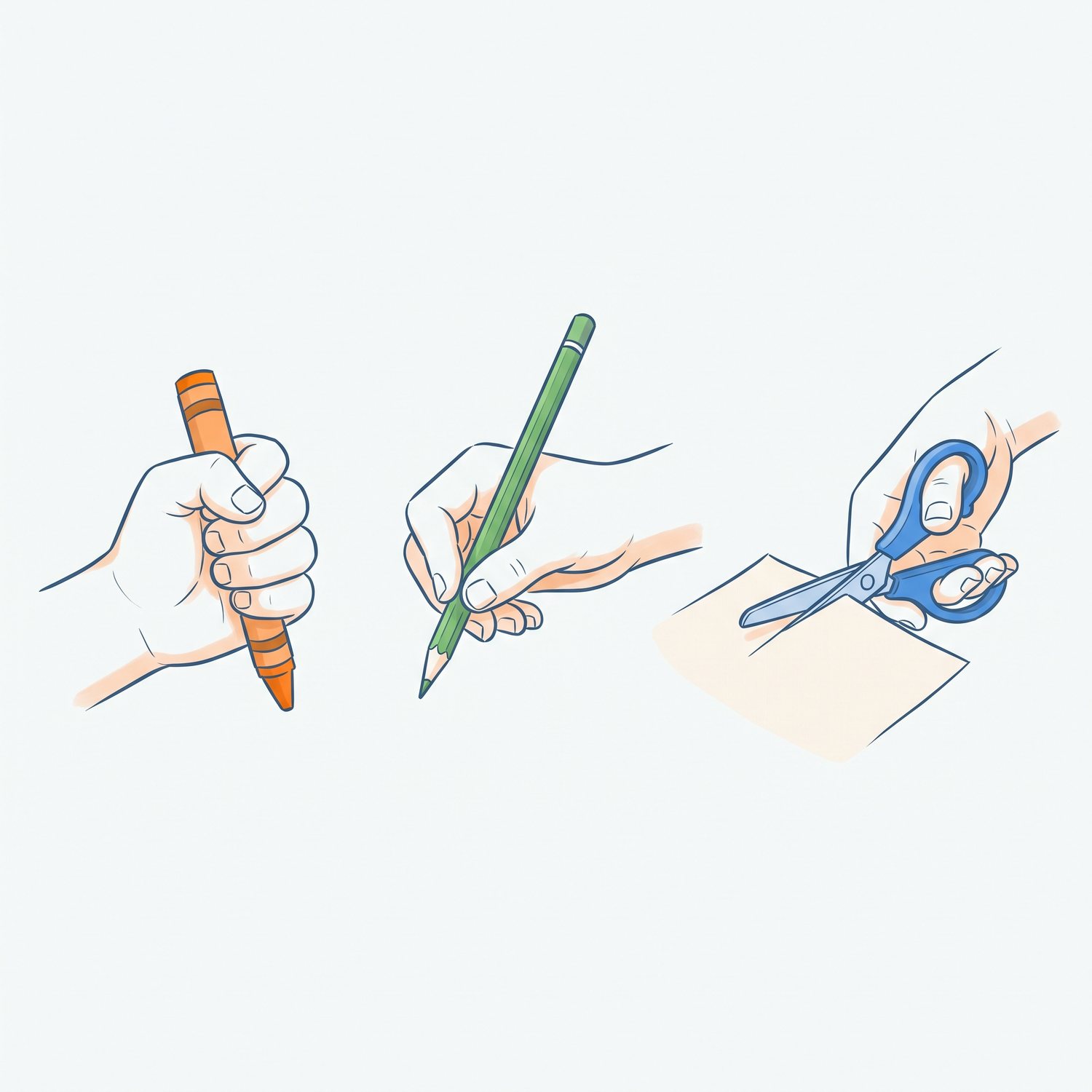 Trois etapes de la motricite fine : prise palmaire d un gros crayon, prise trypod d un crayon et prise de ciseaux