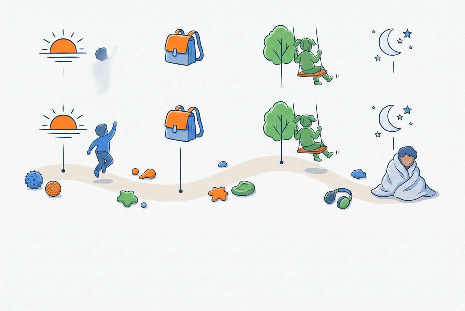 Routine de diète sensorielle illustrée en quatre moments : lever avec trampoline, école, balançoire l'après-midi et coucher sous une couverture