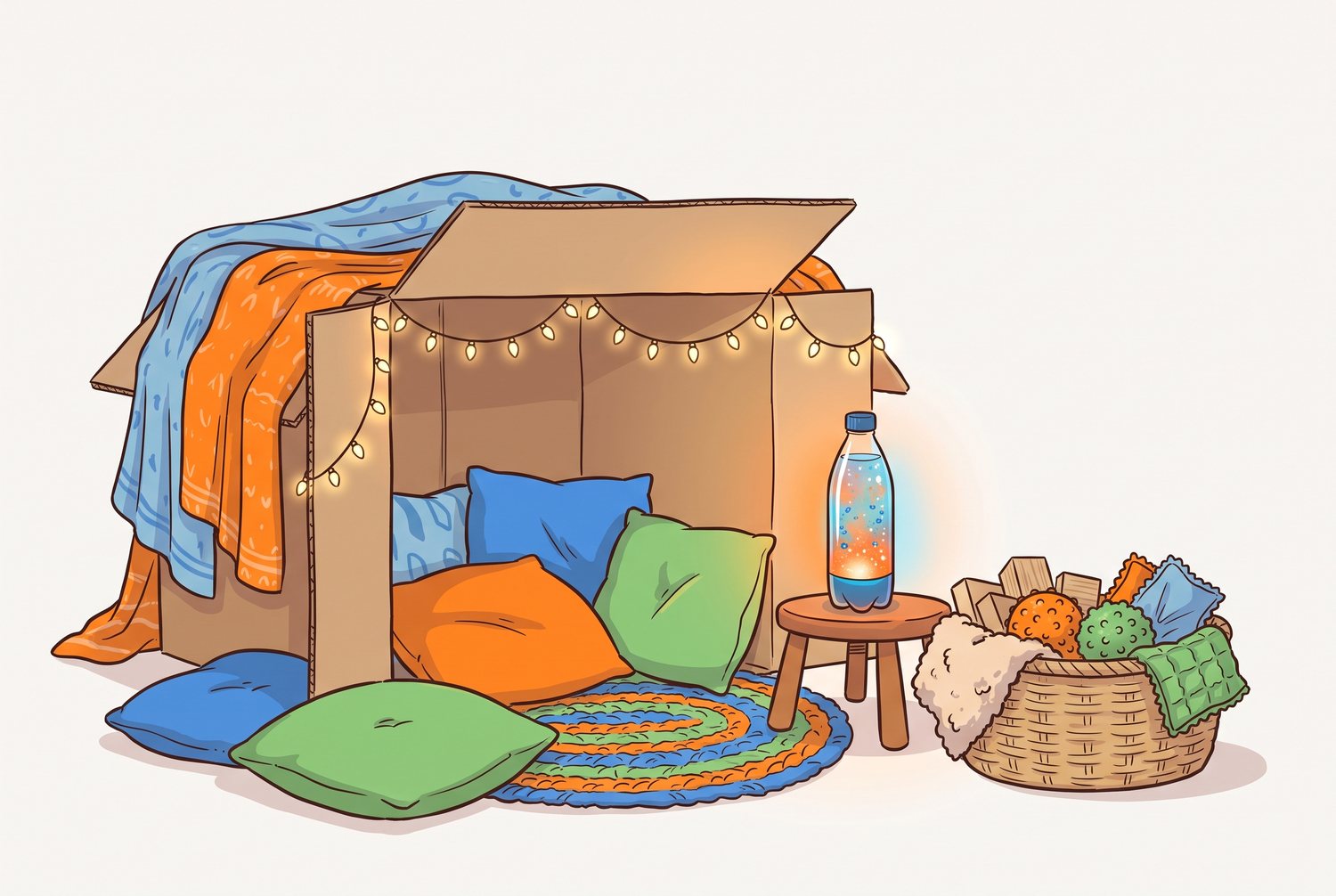 Coin sensoriel DIY réalisé avec des objets du quotidien : cabane en carton guirlande, coussins au sol, bouteille lumineuse et panier d'objets texturés
