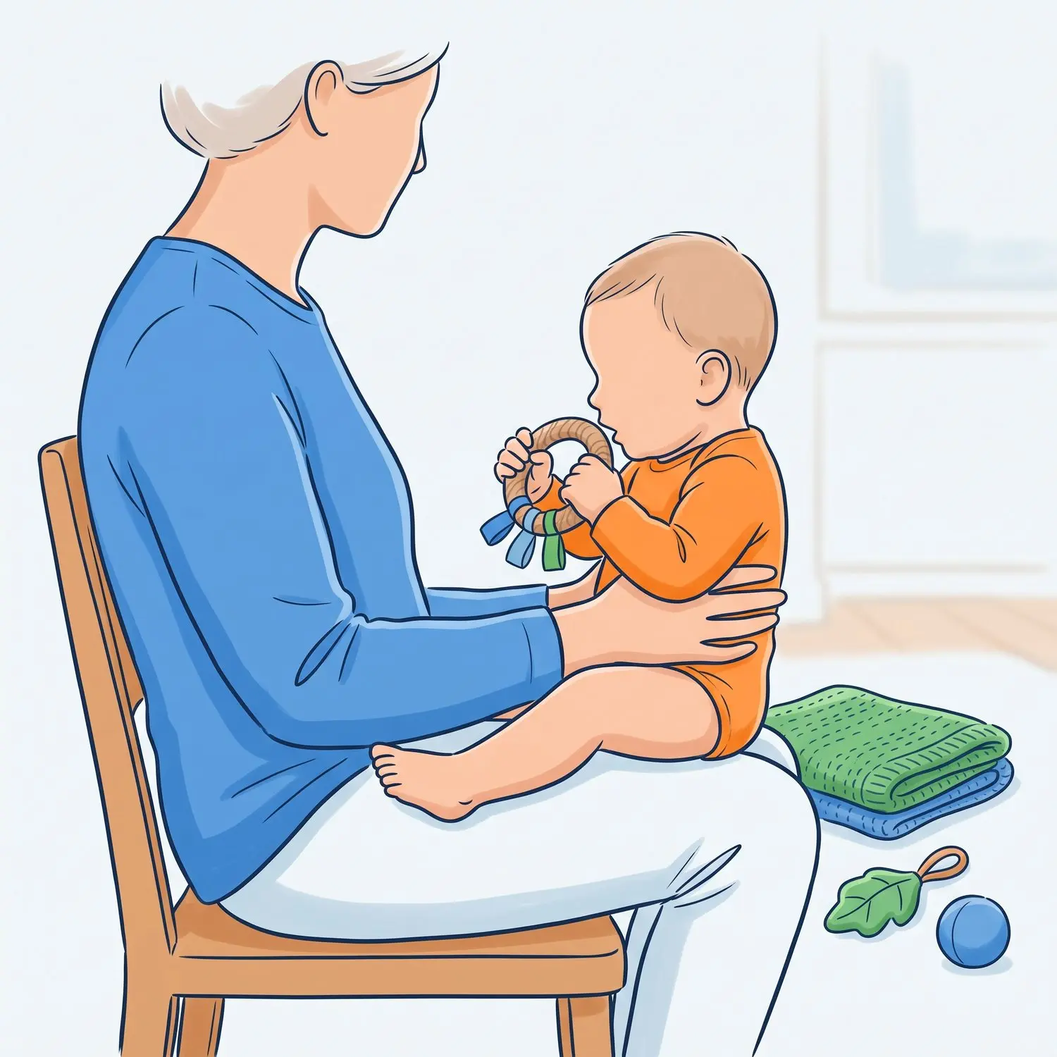 Bebe sur les genoux d un parent explorant un anneau de dentition en bois avec des rubans colores