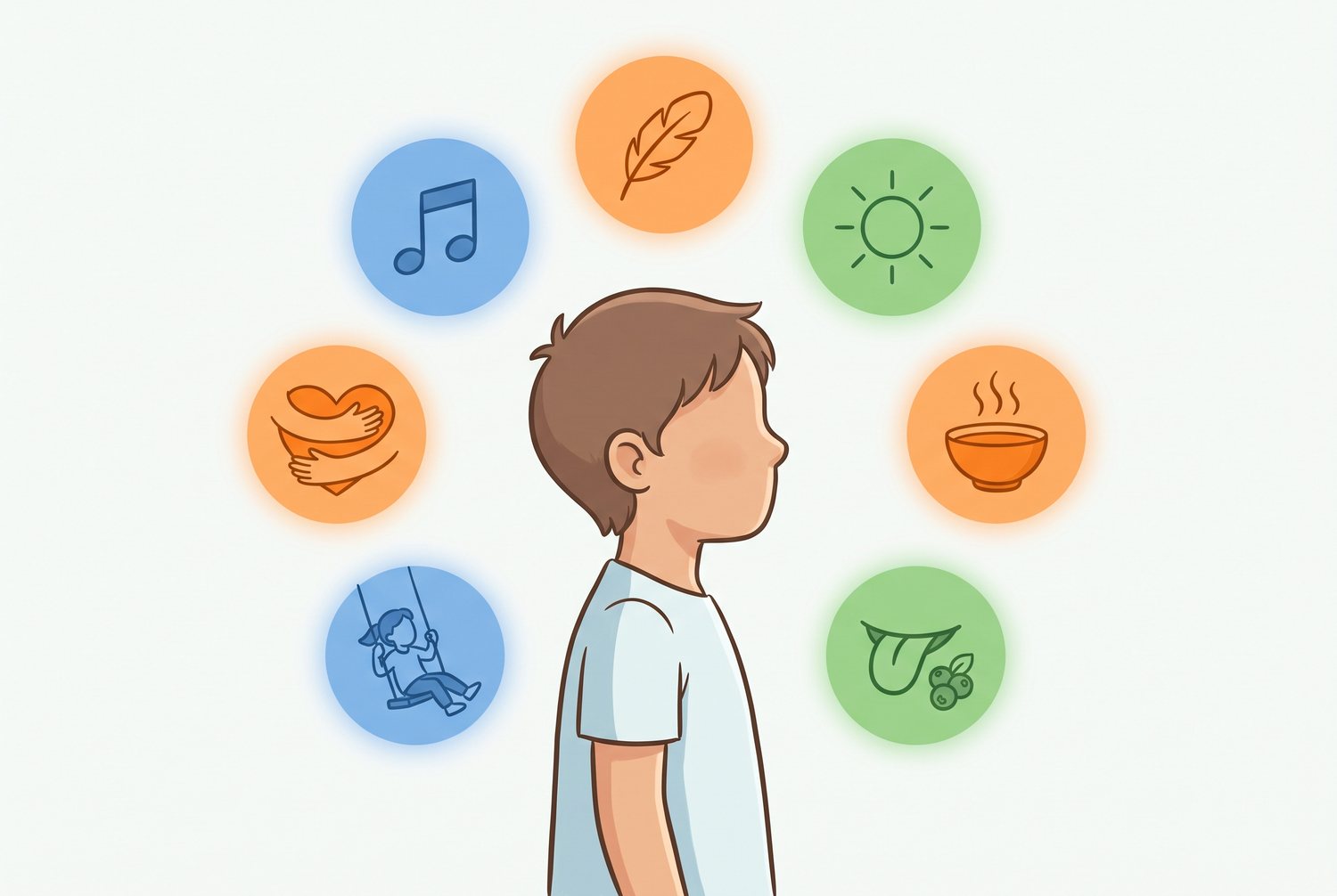 Illustration d'un enfant de profil entouré de sept cercles représentant les systèmes sensoriels : audition, toucher, vue, odorat, goût, mouvement et pression profonde
