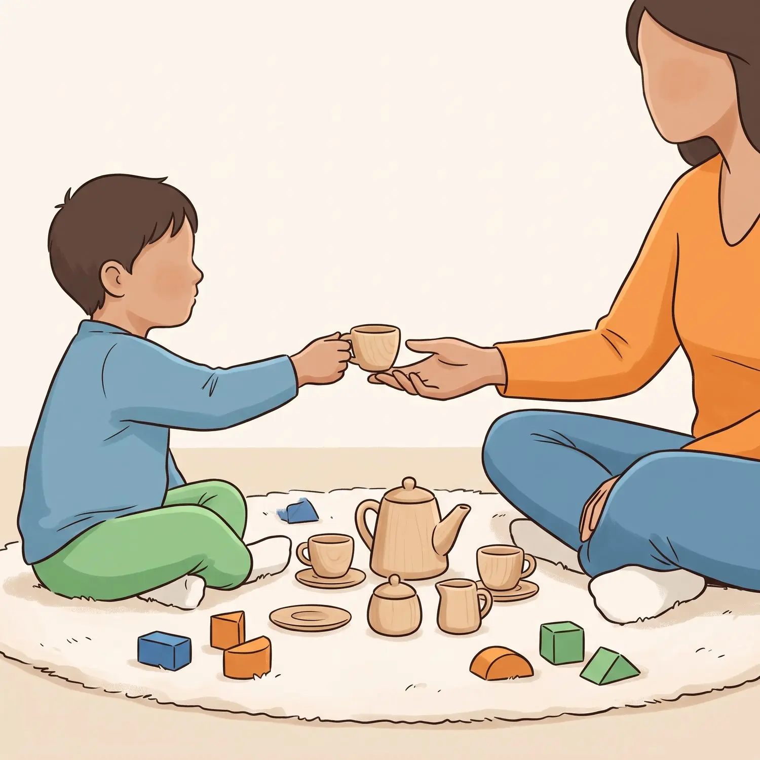 Enfant en profil tendant une tasse en bois a un parent lors d un jeu de dinette sur un tapis