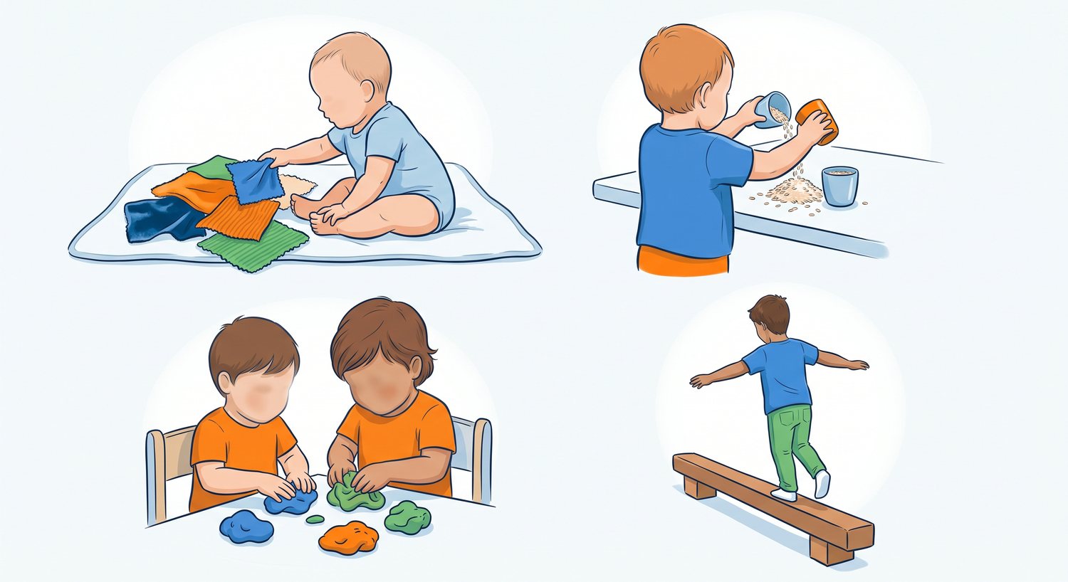 Quatre activites sensorielles selon l age : bebe touchant des tissus, tout-petit transvassant du riz, enfant modelant de la pate, plus grand equilibrant sur une poutre