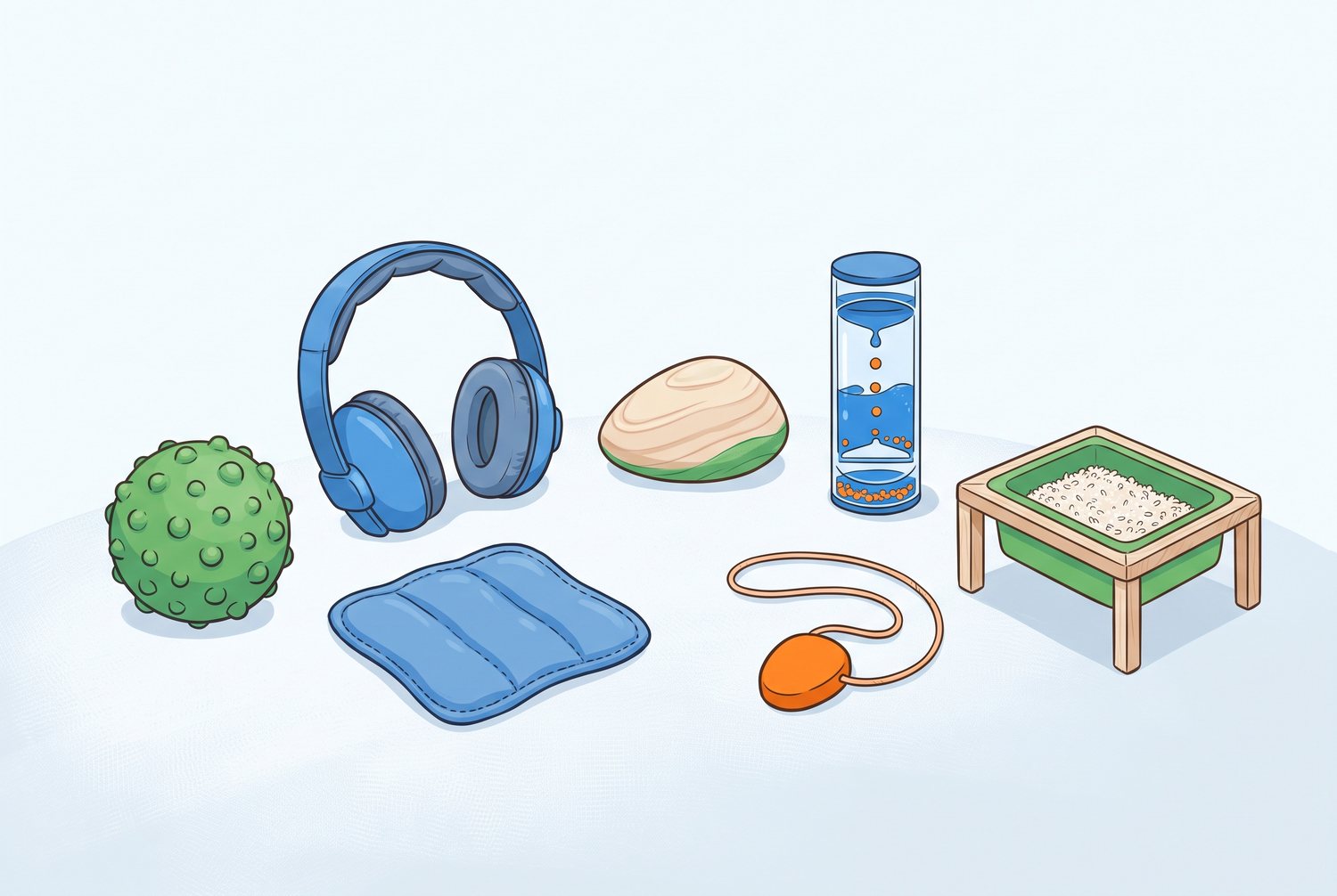 Illustration des sept familles d'outils sensoriels disposées en arc de cercle : balle texturée, casque anti-bruit, coussin lesté, pierre d'équilibre, minuteur liquide, pendentif à mâcher et table sensorielle