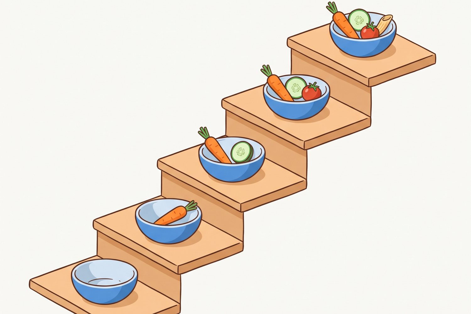 Escalier illustré de cinq bols progressifs : la progression alimentaire à son rythme