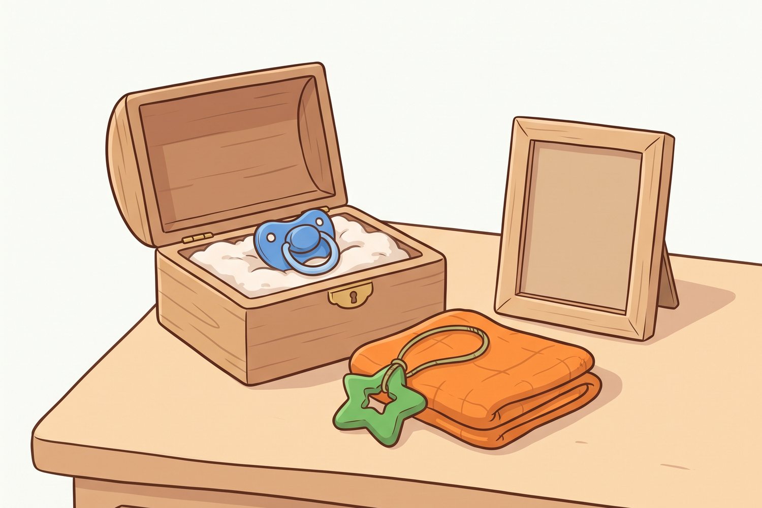 Boîte à trésors avec tétine, pendentif à mâcher de remplacement, lange plié et cadre vide