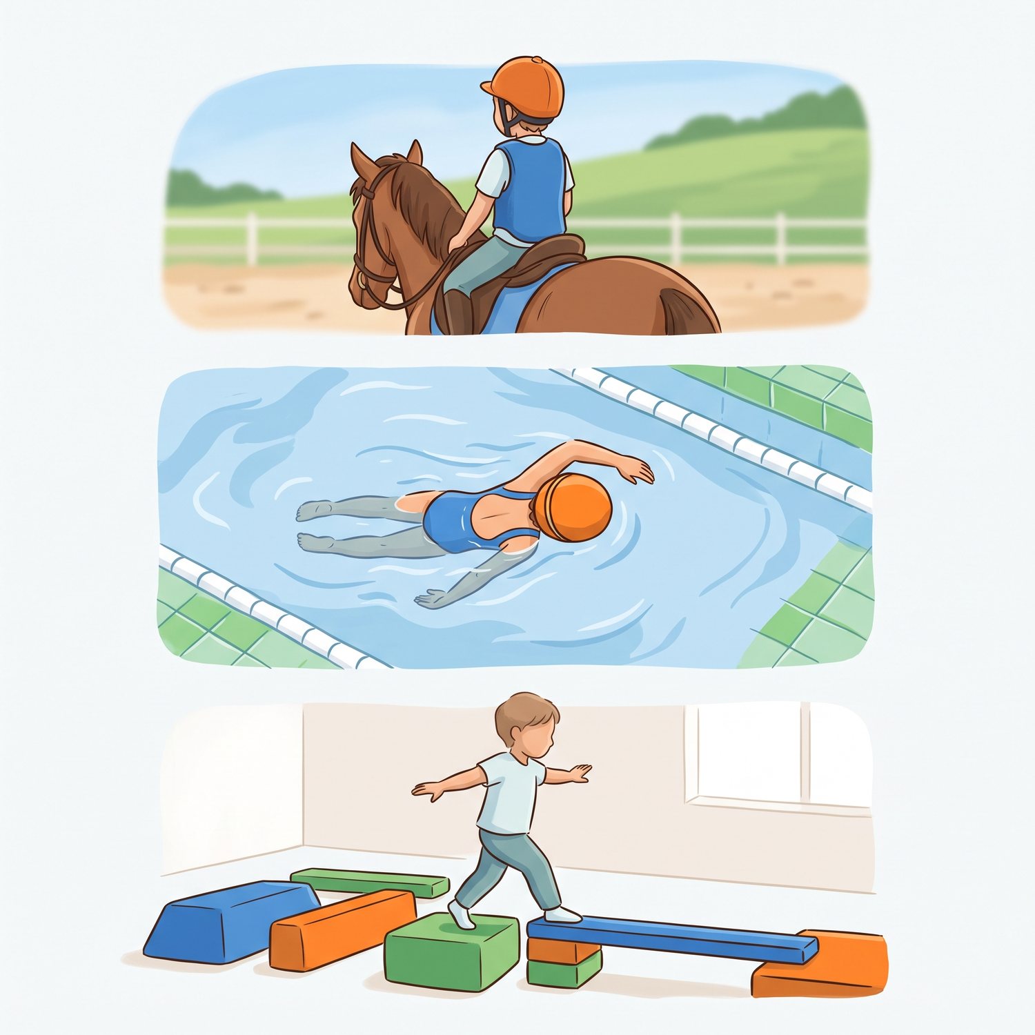 Trois vignettes d activites physiques adaptees : equitation, natation et parcours de motricite en interieur