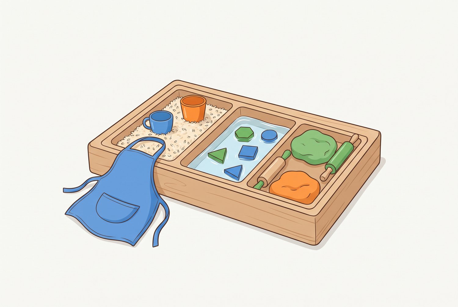 Table sensorielle DIY vue de dessus avec trois bacs : riz sec et gobelets, eau et formes flottantes, pâte à modeler et rouleaux