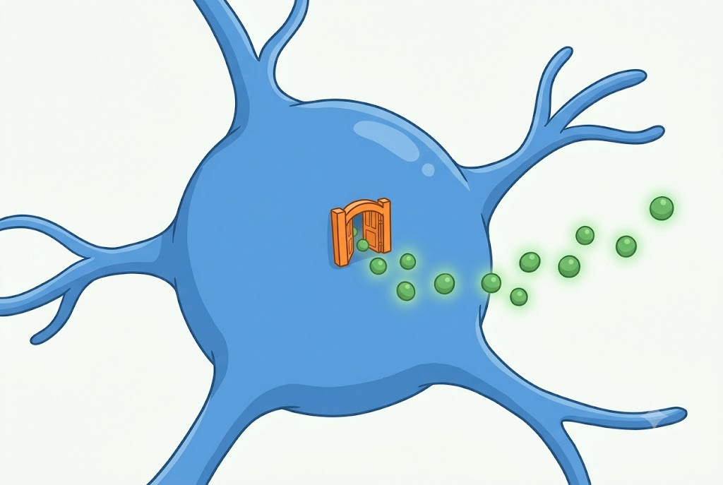 Illustration conceptuelle d'un neurone dont le canal potassique laisse s'échapper des particules, représentant le frein électrique produit par le gène KCNQ2