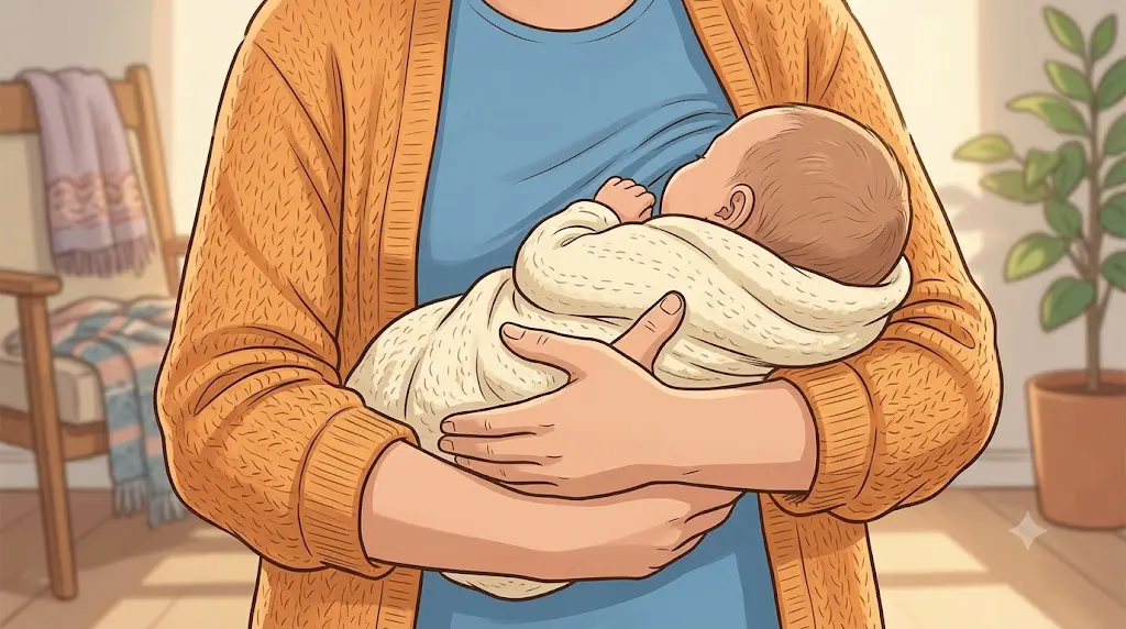 Gros plan sur les bras d'un parent en cardigan tenant contre lui son nouveau-né emmailloté et endormi, en ouverture du guide sur la mutation du gène KCNQ2
