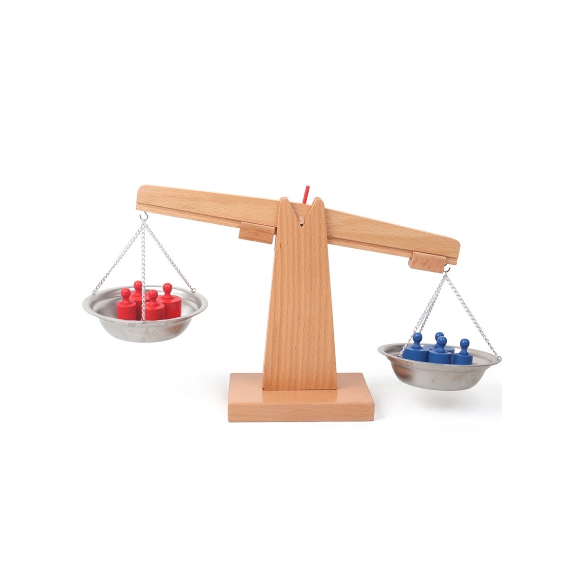 Balance à plateaux en bois et métal avec ses poids rouges et bleus
