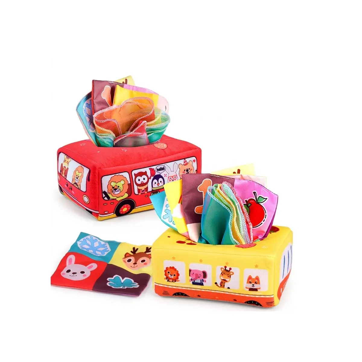 Boîte à tirer bébé avec foulards colorés et étiquettes