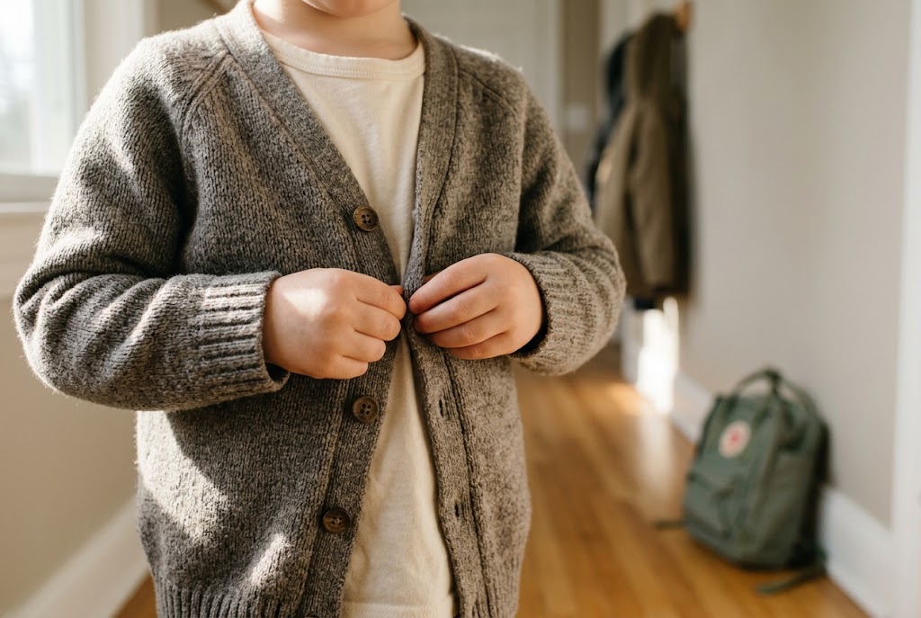 Mains d'un enfant qui tentent de boutonner un gilet, un bouton aligné sur la mauvaise boutonnière