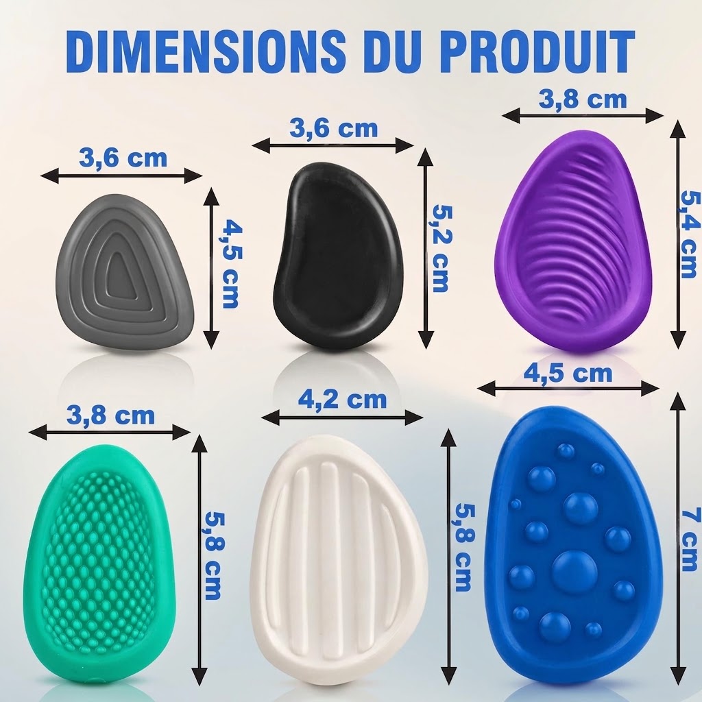 Schéma coté des six galets : de 3,6 × 4,5 cm pour le plus petit à 4,5 × 7 cm pour le plus grand
