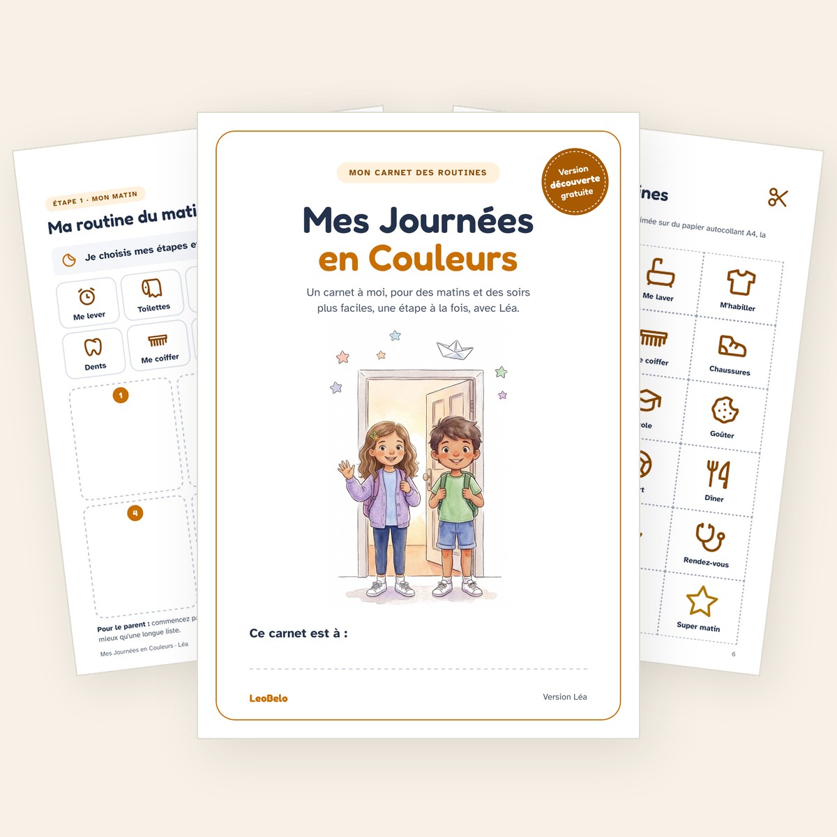 Version découverte gratuite du carnet Mes Journées en Couleurs : la couverture avec Léa et Léo, la page « Ma routine du matin » avec ses étapes à coller en stickers et la planche de stickers.