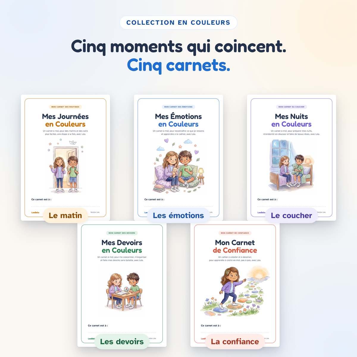 Les cinq carnets de la collection, un pour chaque moment de la journée