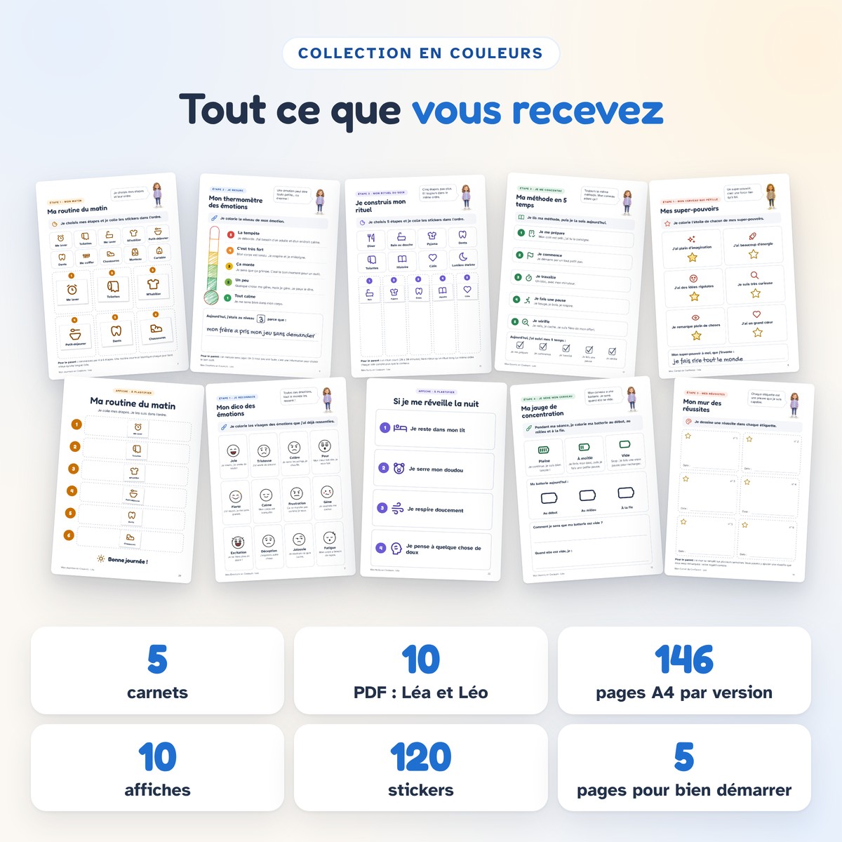 Le contenu de la collection : 5 carnets, 10 PDF, 146 pages par version, 10 affiches, 120 stickers