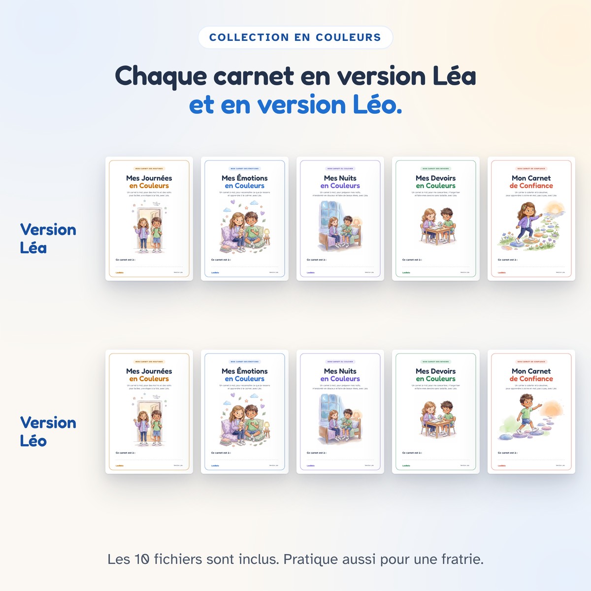 Les couvertures des cinq carnets, en version Léa et en version Léo.
