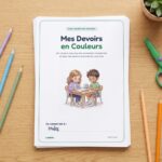 Couverture du carnet Mes Devoirs en Couleurs, imprimée, sur une pile de feuilles