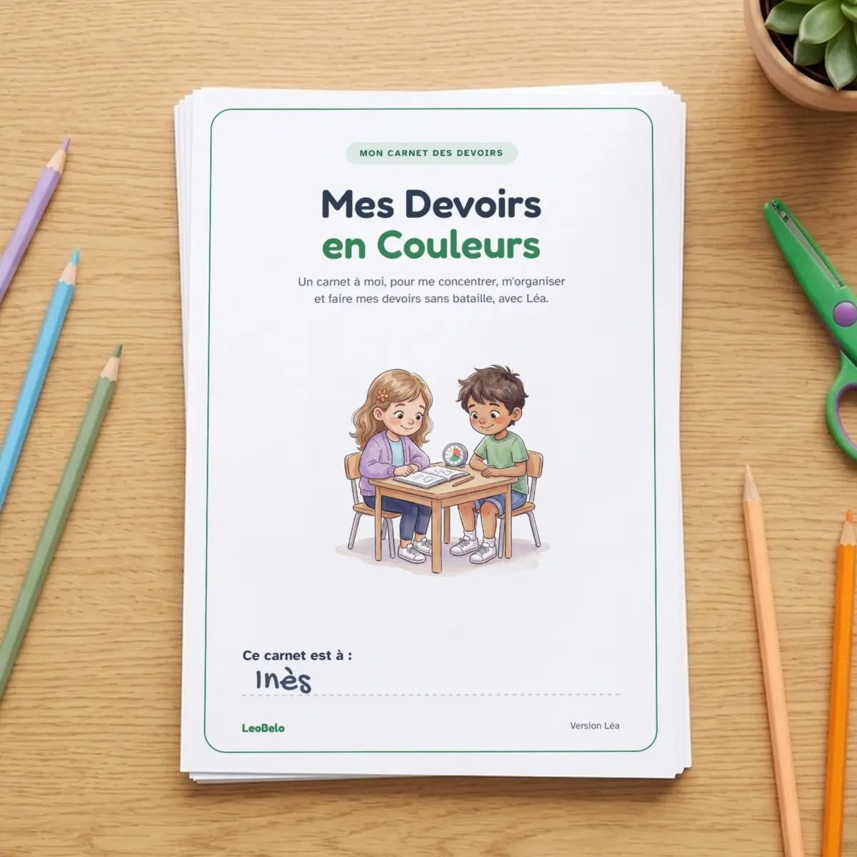 Couverture du carnet Mes Devoirs en Couleurs, imprimée, sur une pile de feuilles : Léa et Léo à leur table de travail, un minuteur entre eux